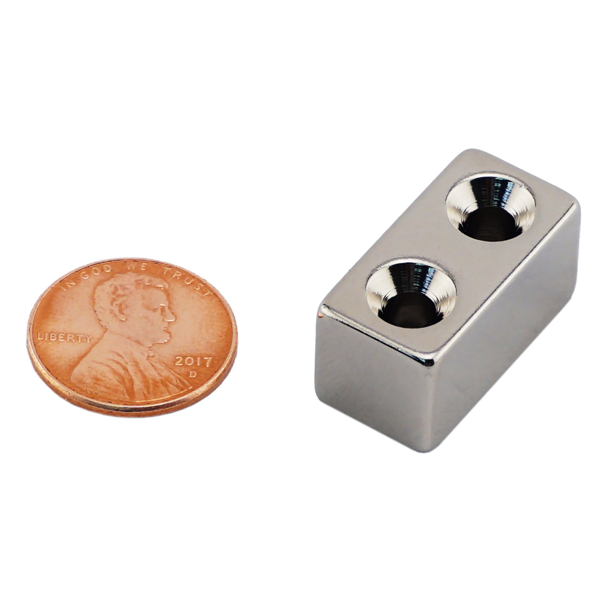 Load image into Gallery viewer, NB005056NCTSX2 Neodymium Countersunk Block Magnet - Compared to Penny for Size Reference