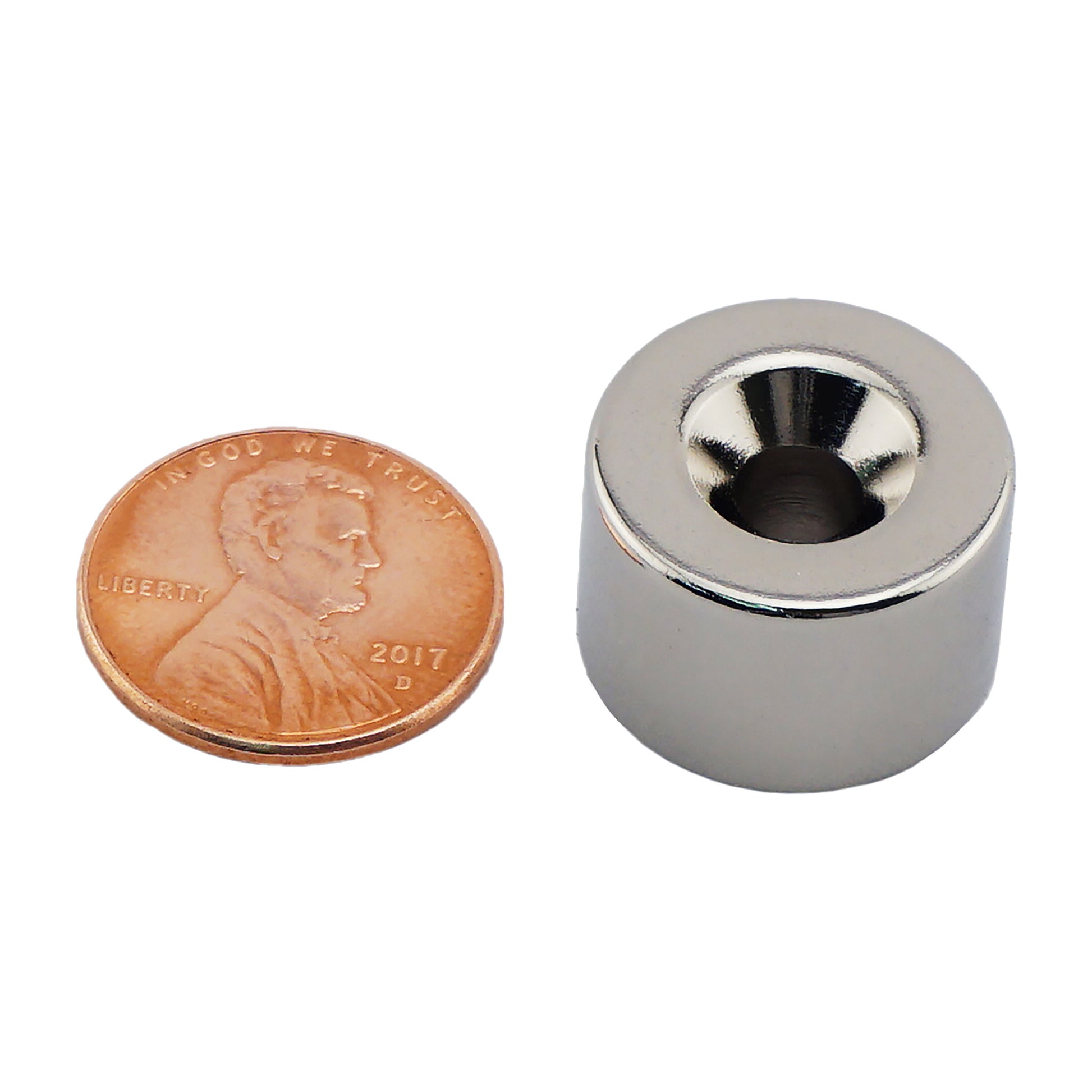 Load image into Gallery viewer, NR007520NCTS Neodymium Countersunk Ring Magnet - Compared to Penny for Size Reference