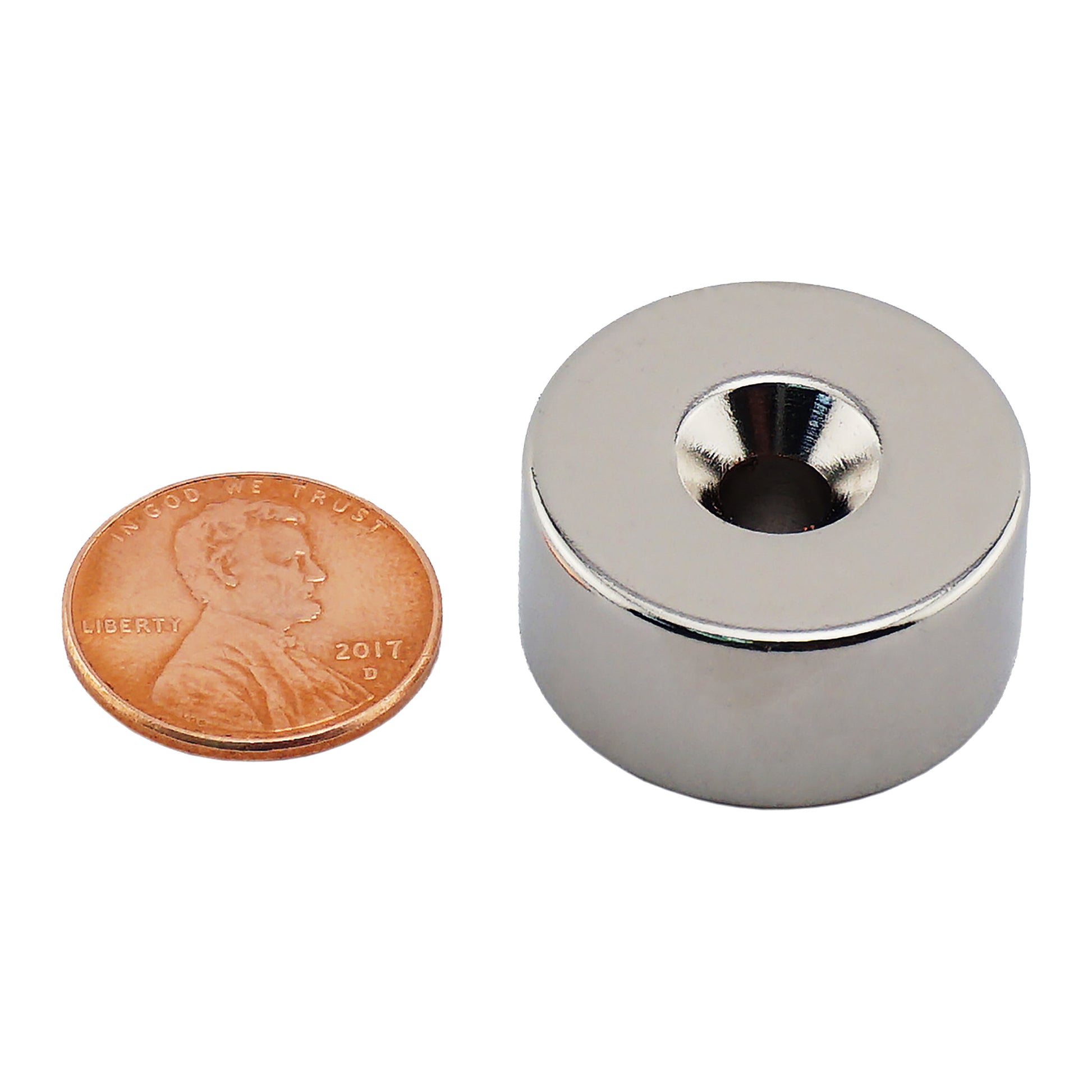 Load image into Gallery viewer, NR010022NCTS Neodymium Countersunk Ring Magnet - Compared to Penny for Size Reference