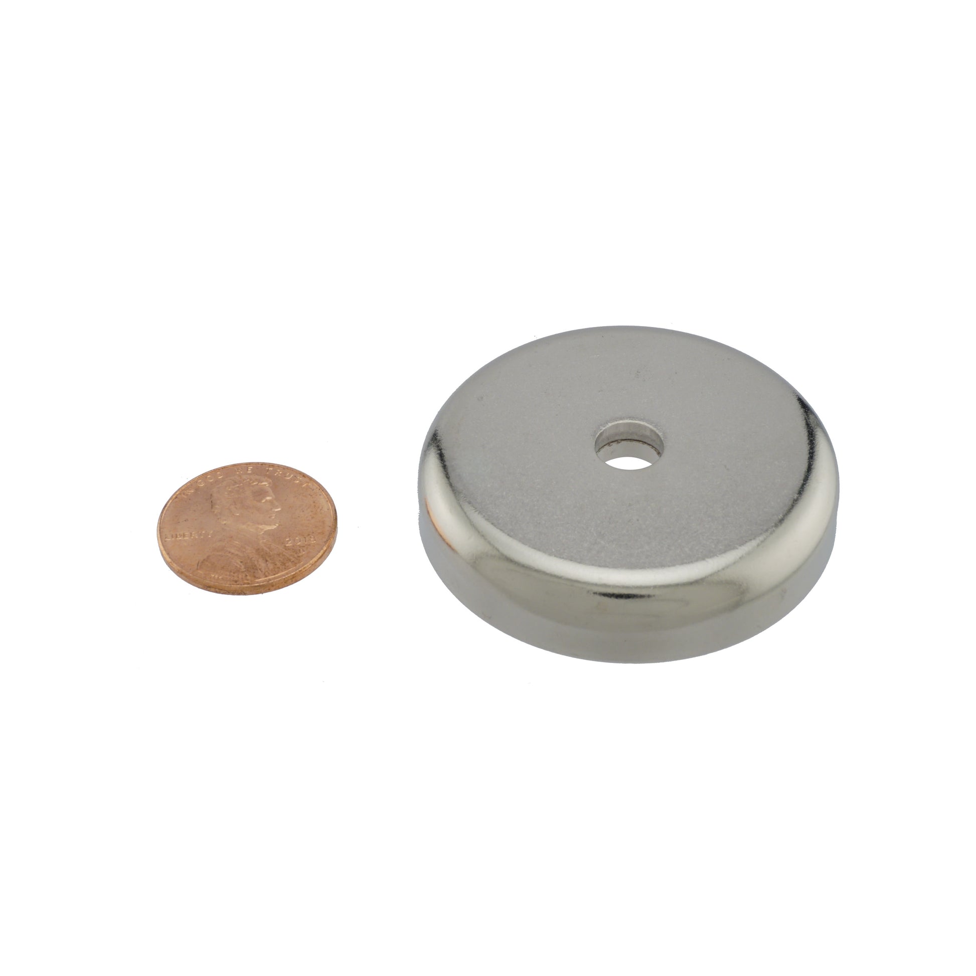 Load image into Gallery viewer, NAC017500NBX Neodymium Countersunk Round Base Assembly - Compared to Penny for Size Reference