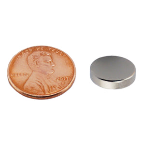 ND005043N Neodymium Disc Magnet - Compared to Penny for Size Reference