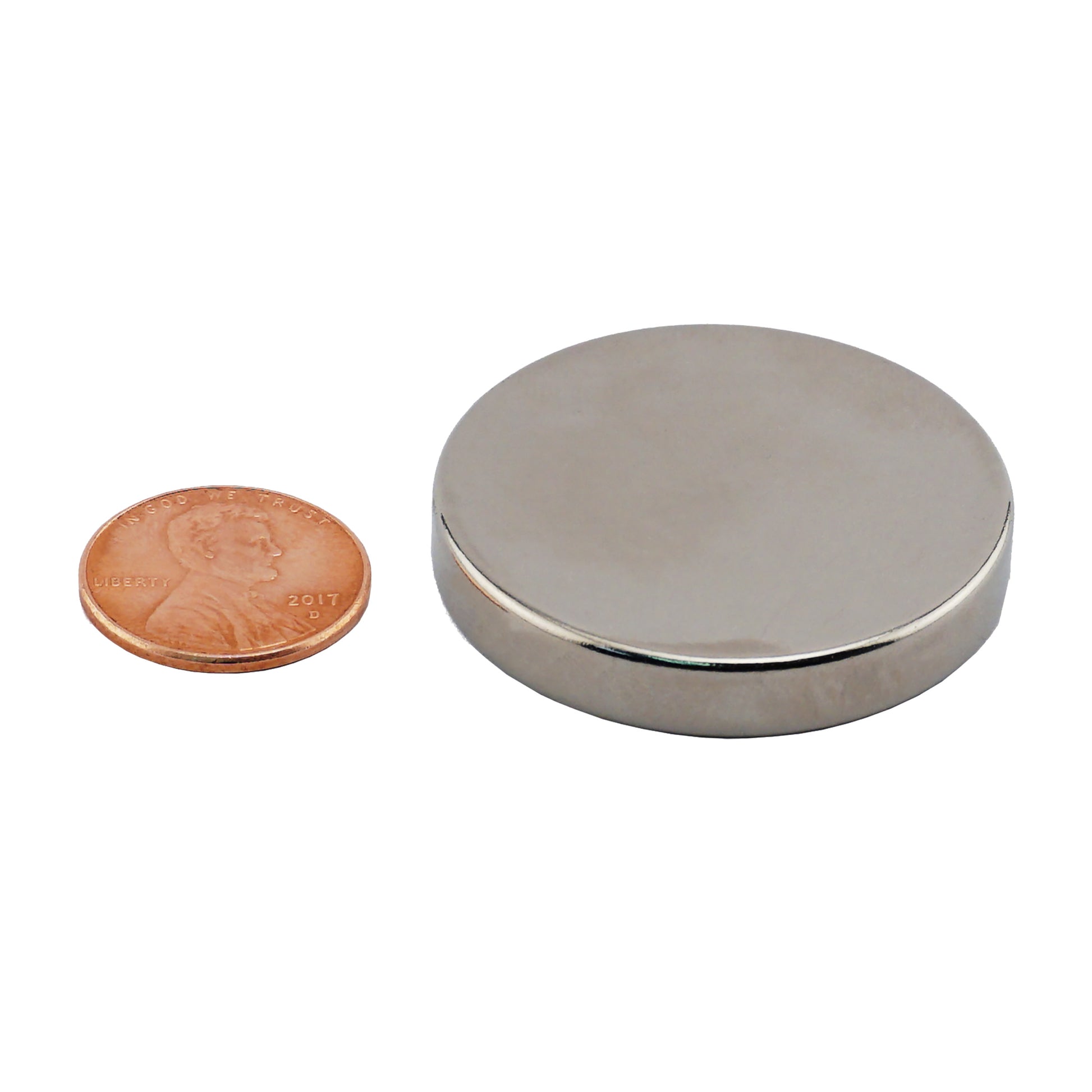 Load image into Gallery viewer, ND45-1.5X25N Neodymium Disc Magnet - Compared to Penny for Size Reference