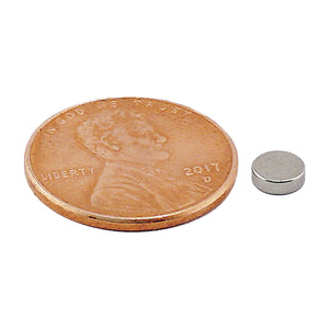 ND45-1806N Neodymium Disc Magnet - Compared to Penny for Size Reference