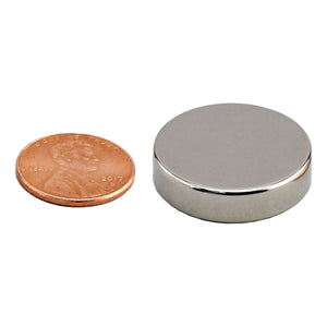 ND45-1X25N Neodymium Disc Magnet - Compared to Penny for Size Reference