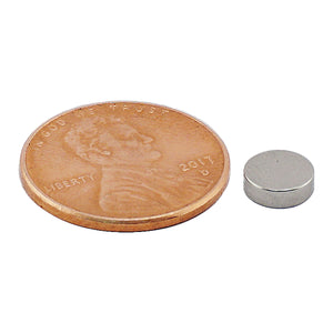 ND45-2508N Neodymium Disc Magnet - Compared to Penny for Size Reference