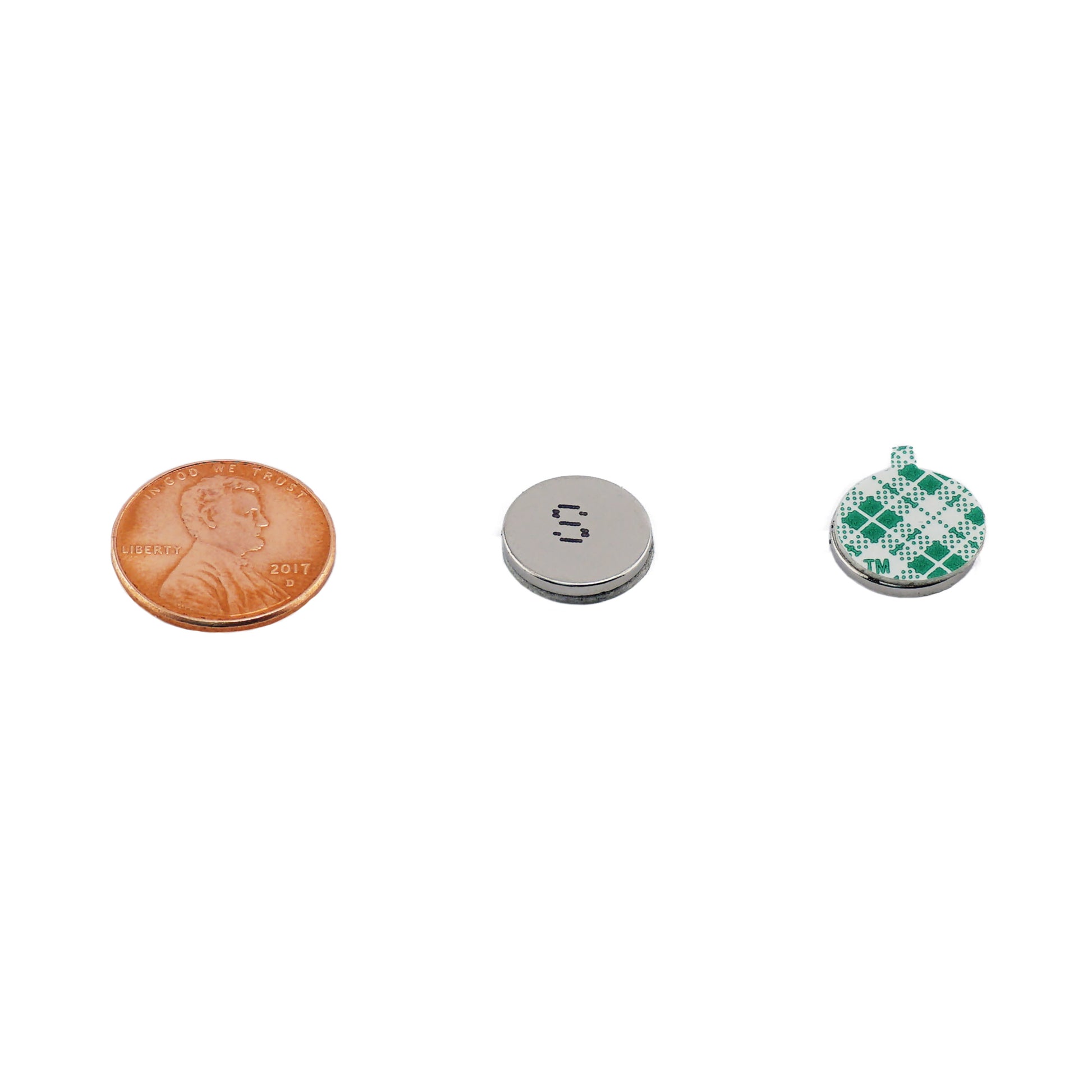 Load image into Gallery viewer, FSND50S Neodymium Disc Magnet with Adhesive - Compared to Penny for Size Reference