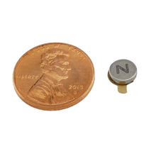 Load image into Gallery viewer, FTND25N Neodymium Disc Magnet with Adhesive - Compared to Penny for Size Reference