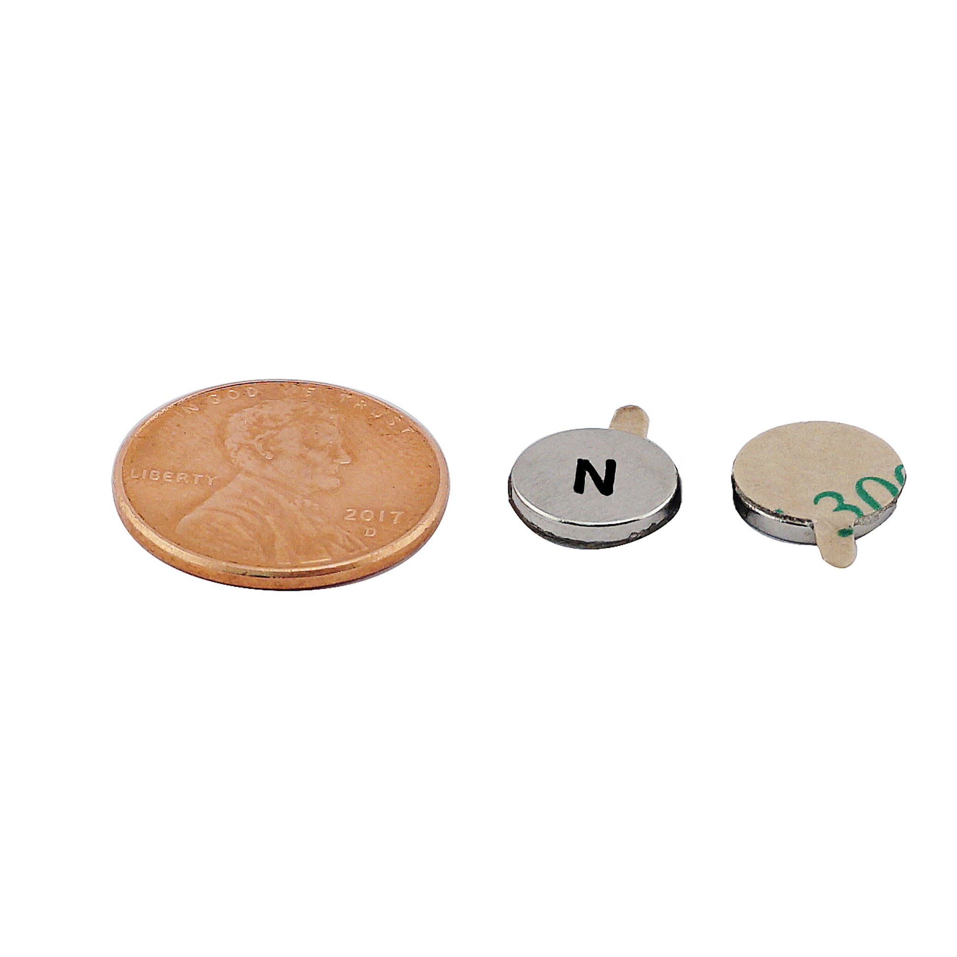 Load image into Gallery viewer, FTND37N Neodymium Disc Magnet with Adhesive - Compared to Penny for Size Reference