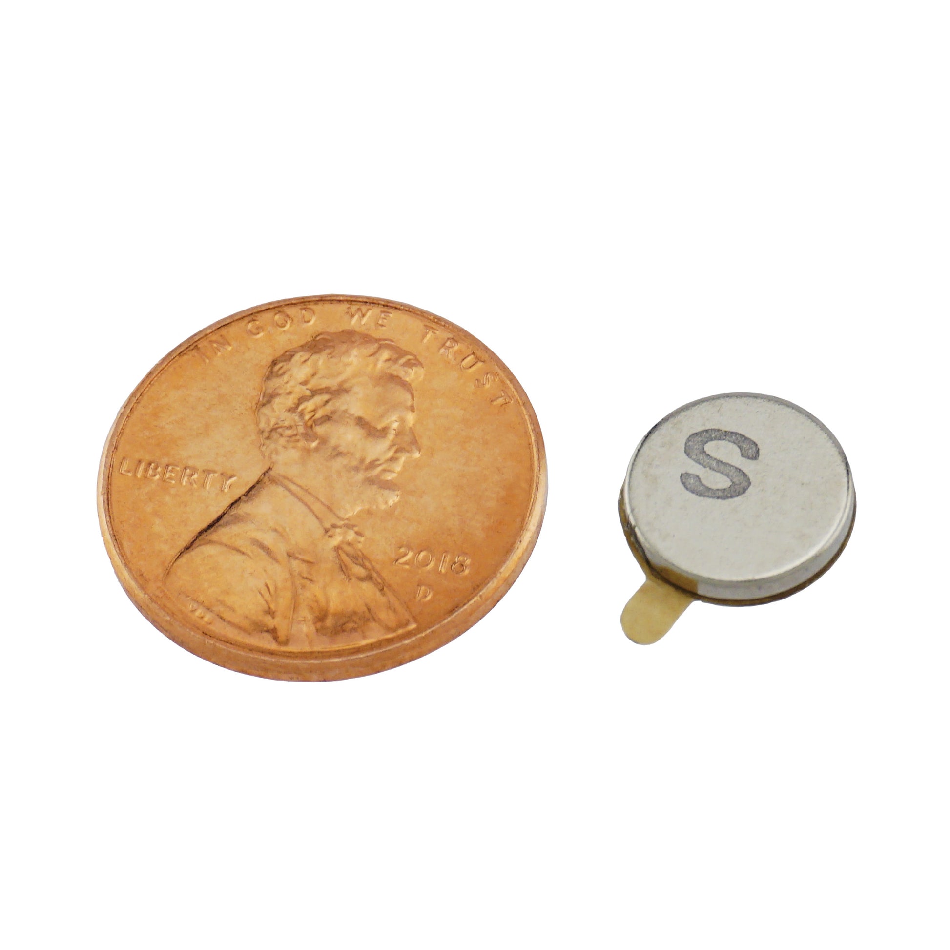 Load image into Gallery viewer, FTND37S Neodymium Disc Magnet with Adhesive - Compared to Penny for Size Reference