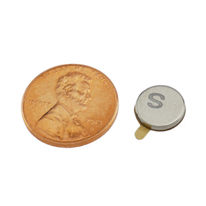 FTND37S Neodymium Disc Magnet with Adhesive - Compared to Penny for Size Reference