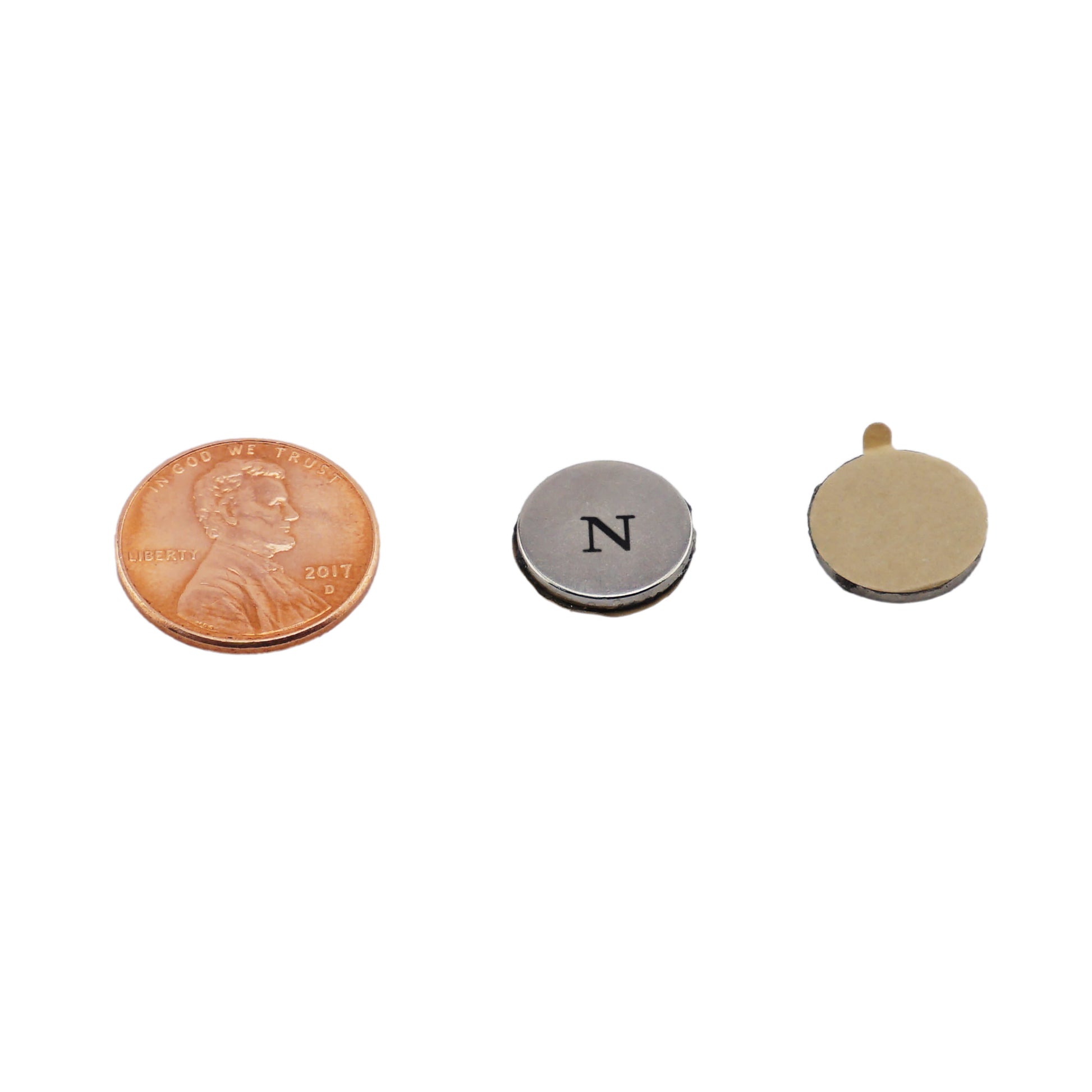 Load image into Gallery viewer, FTND50N Neodymium Disc Magnet with Adhesive - Compared to Penny for Size Reference