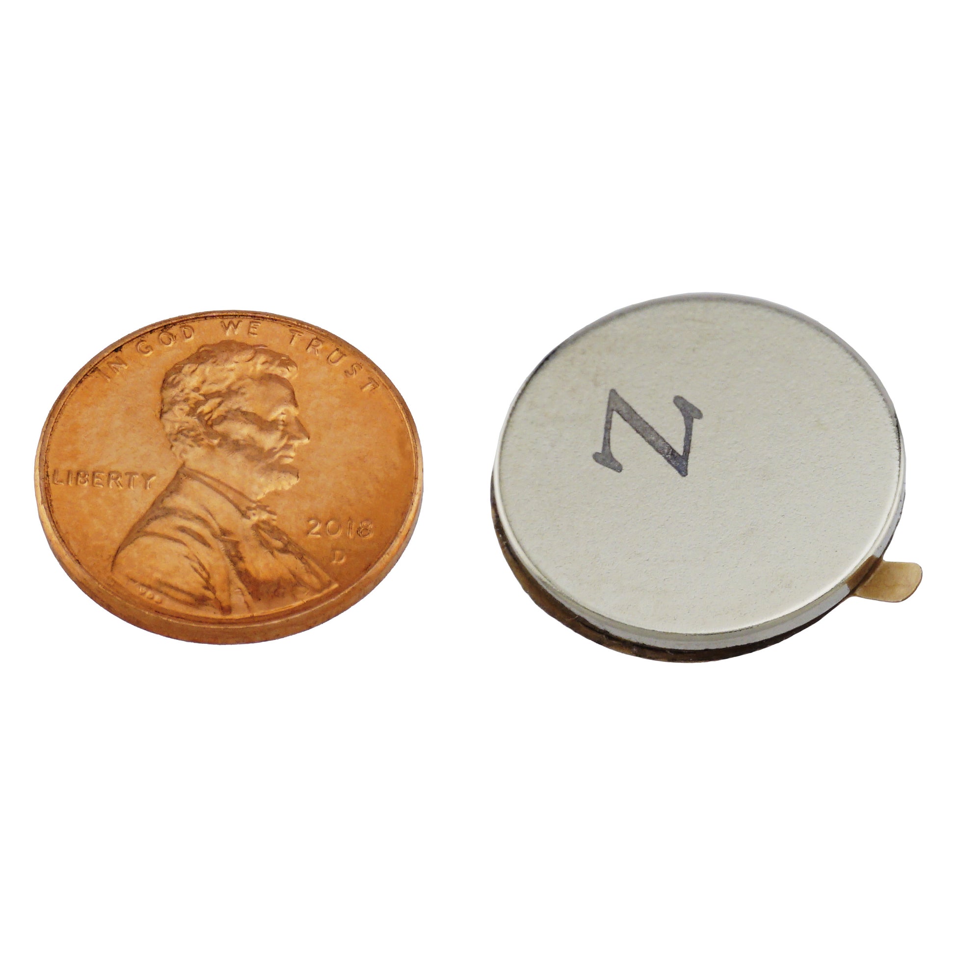 Load image into Gallery viewer, FTND75N Neodymium Disc Magnet with Adhesive - Compared to Penny for Size Reference