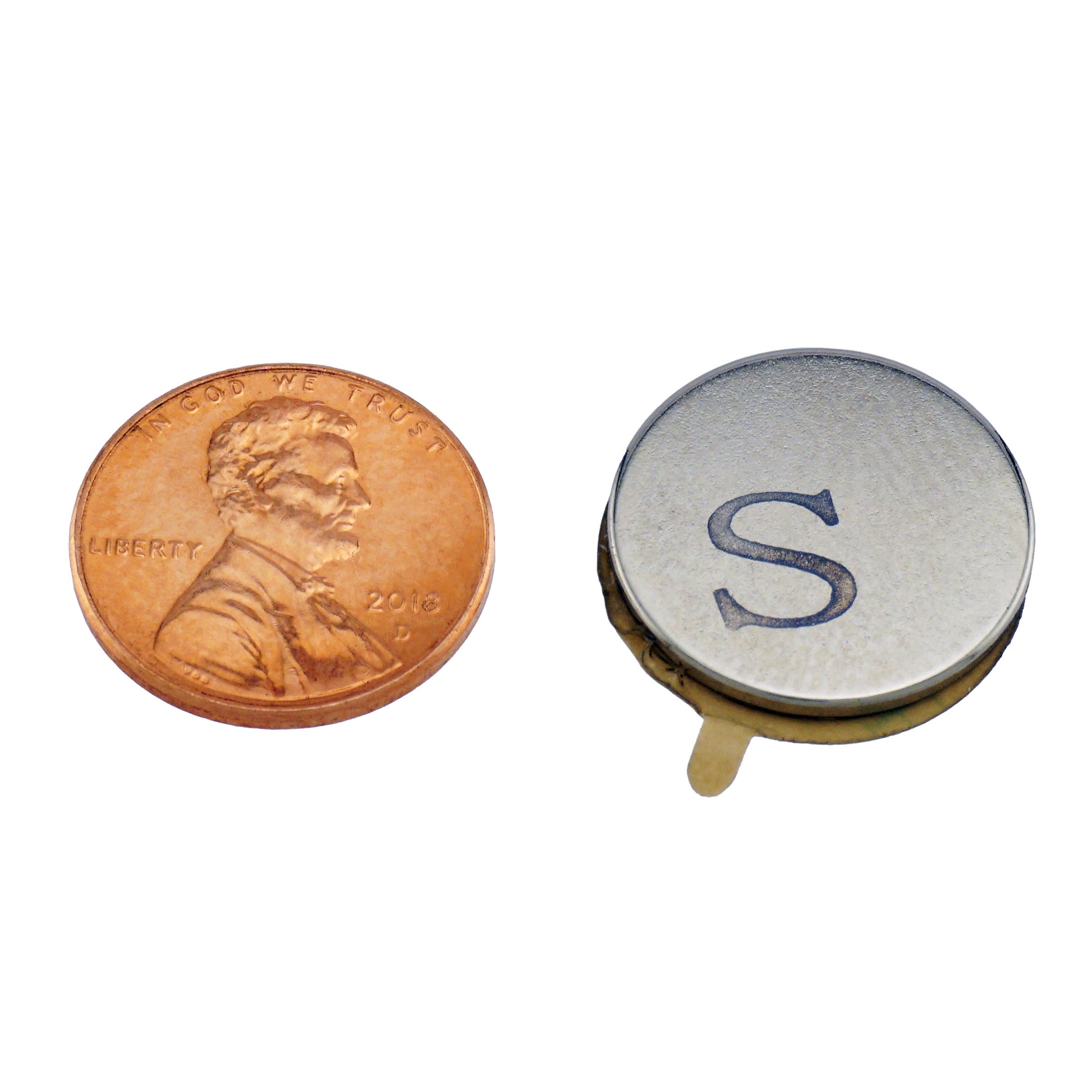 Load image into Gallery viewer, FTND75S Neodymium Disc Magnet with Adhesive - Compared to Penny for Size Reference