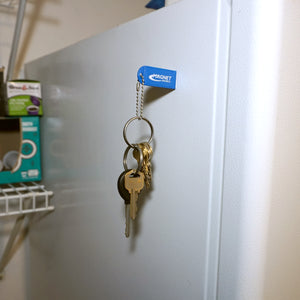 KCMB-BULK Neodymium Key Chain Magnet with Logo, Blue - Blue Magnet with Keys on Refrigerator