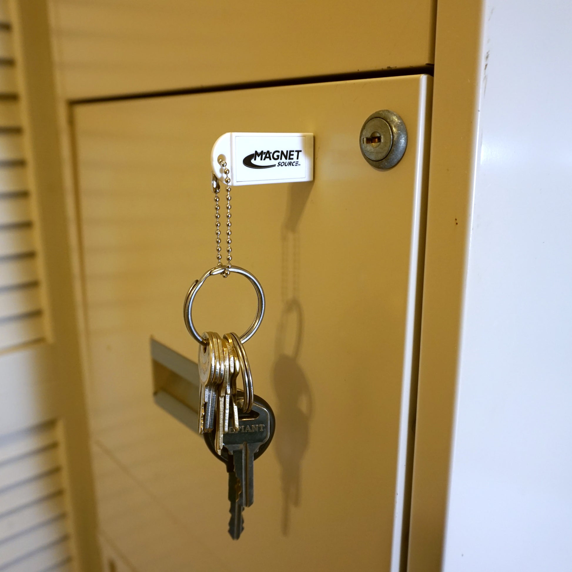 Load image into Gallery viewer, 07604 Neodymium Key Chain Magnet with Logo, White - White Magnet with Keys on File Cabinet