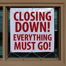 Load image into Gallery viewer, 07587 Neodymium Magnetic Carabiner Hook - In Use Holding a Vinyl Sign in Store Front Window