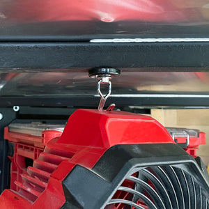 07580 Neodymium Rotating and Swinging Magnetic Hook - Closeup View of Holding Heavy Shop Equipment