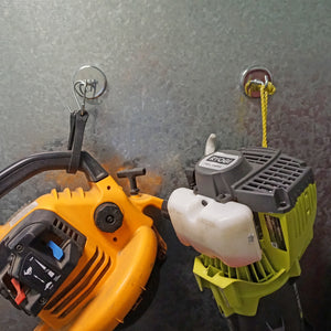 RB70BL-NEOBX Super Blue™ Neodymium Round Base Magnet - Demonstration of Heavy Tools Hanging from Magnetic Hooks